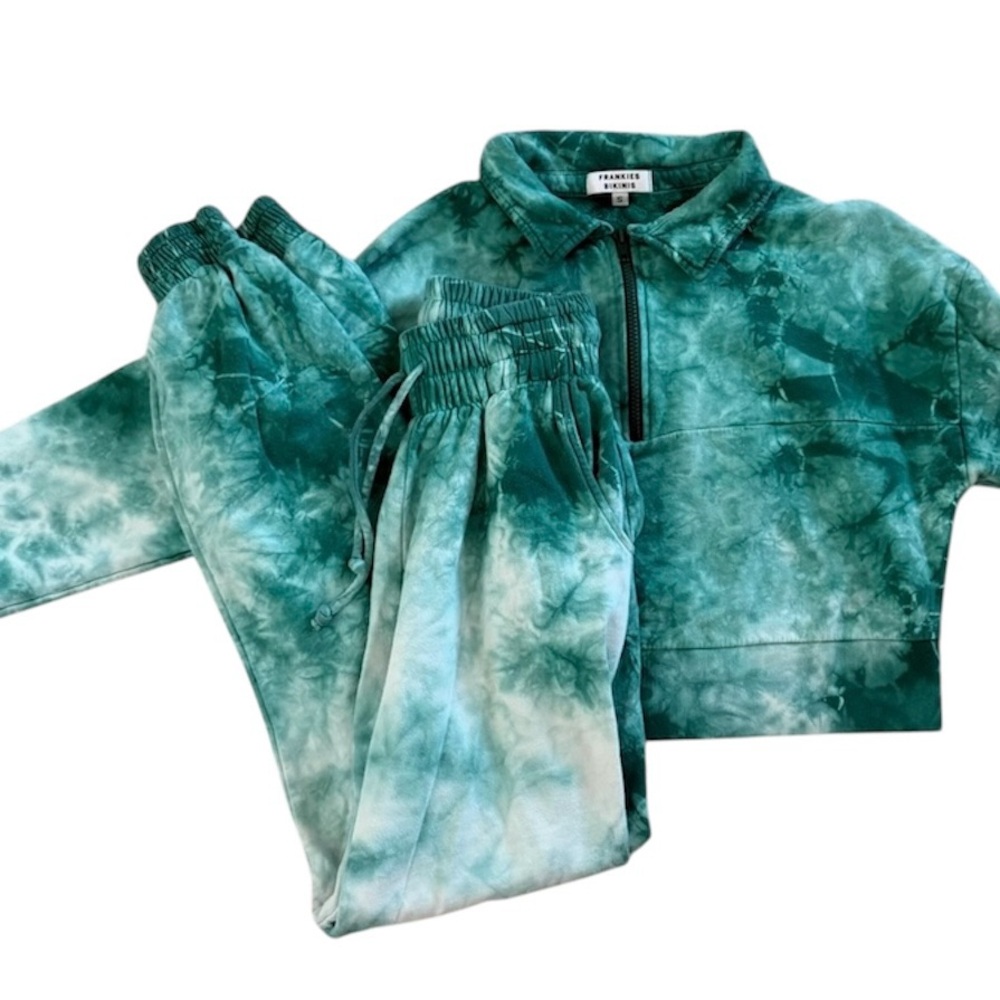 Frankie’s Bikinis Bowie Half Zip Pullover Joggers Set Electric Green Tie Dye